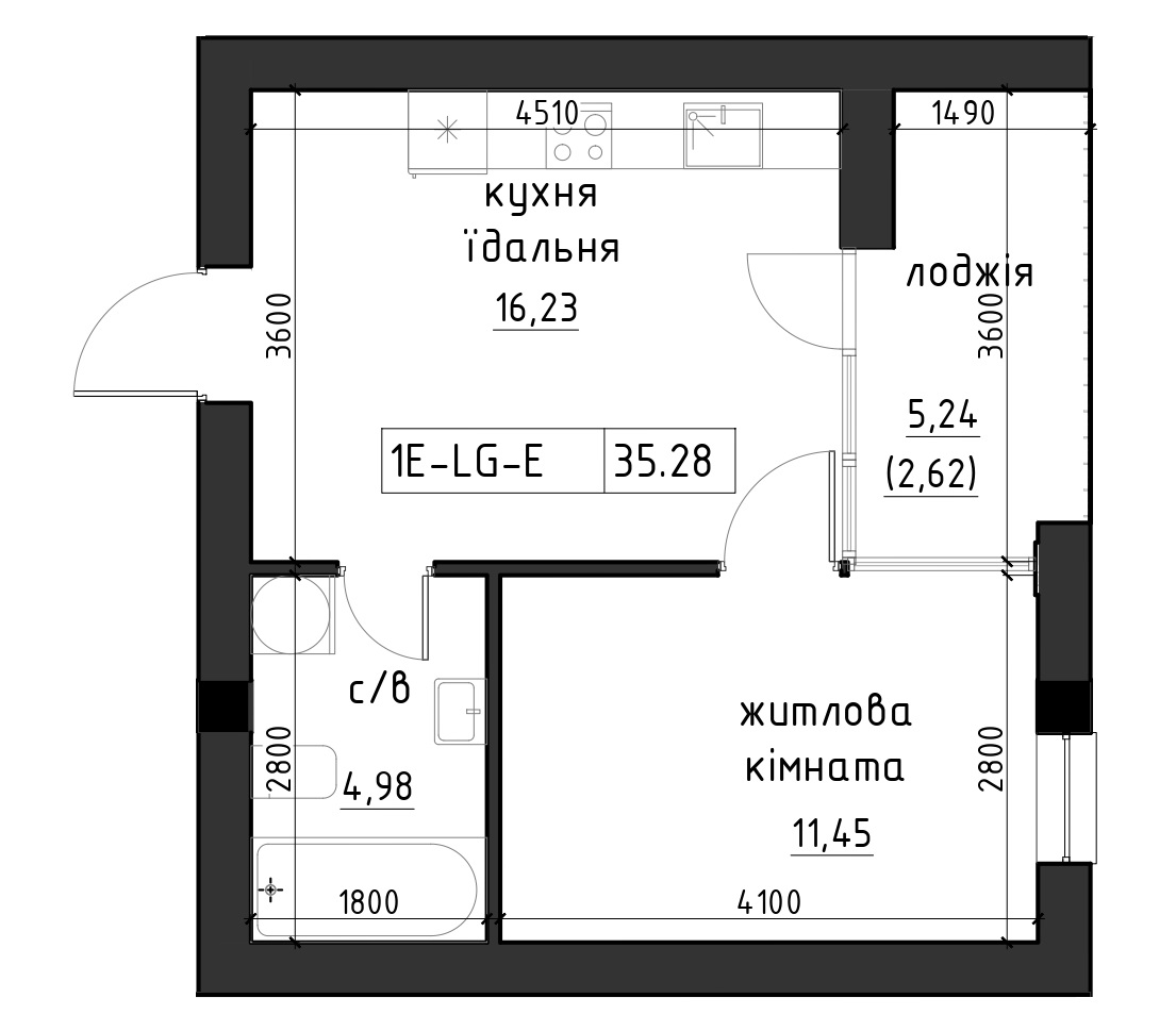 Планировка 1-к квартира площей 35.28м2, LR-002-04/0003.