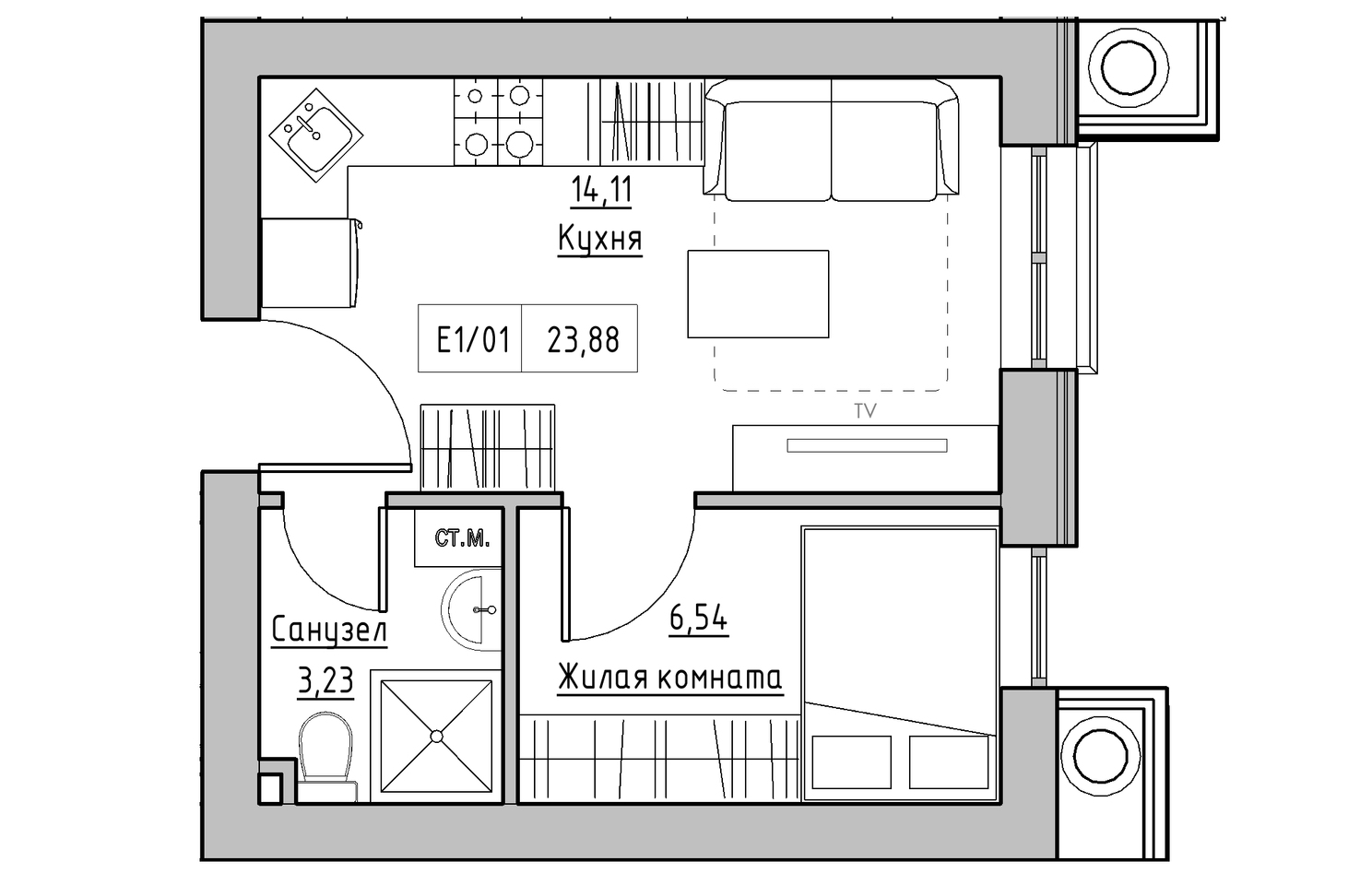 Планировка 1-к квартира площей 23.88м2, KS-010-05/0014.
