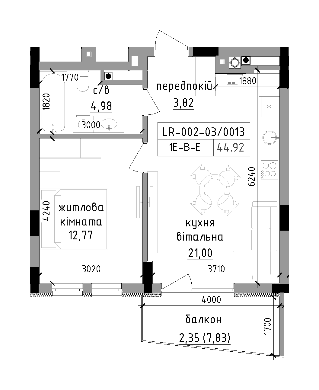Планировка 1-к квартира площей 44.92м2, LR-002-03/0013.