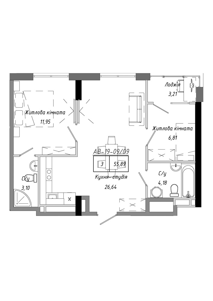 Планування 2-к квартира площею 55.89м2, AB-19-09/00009.