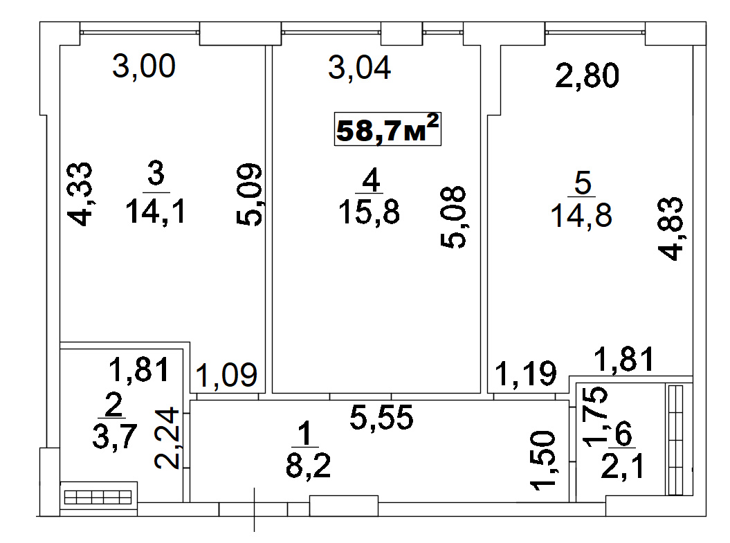 Планування 2-к квартира площею 58.7м2, AB-02-08/00006.