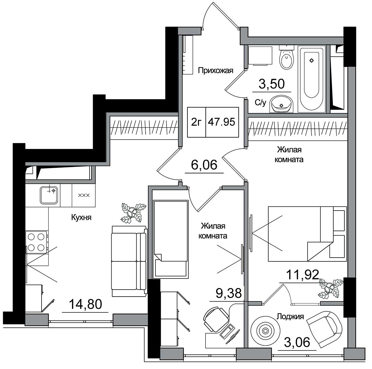 Планування 2-к квартира площею 47.95м2, AB-16-12/00014.