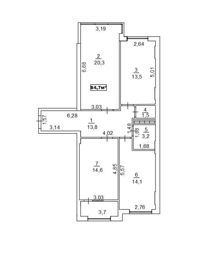 Планировка 3-к квартира площей 84.7м2, AB-13-03/00022.