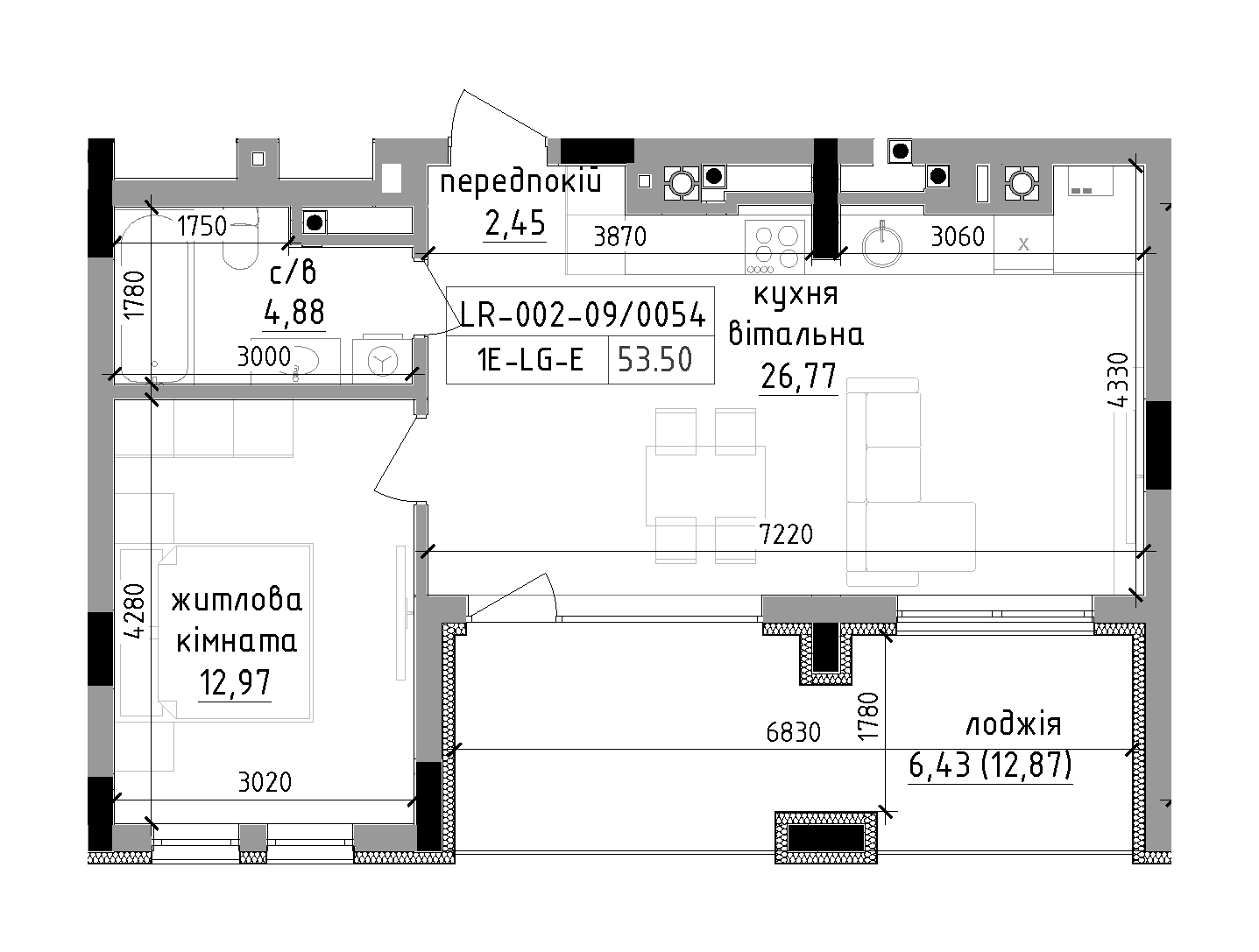 Планировка 1-к квартира площей 53.5м2, LR-002-09/0054.