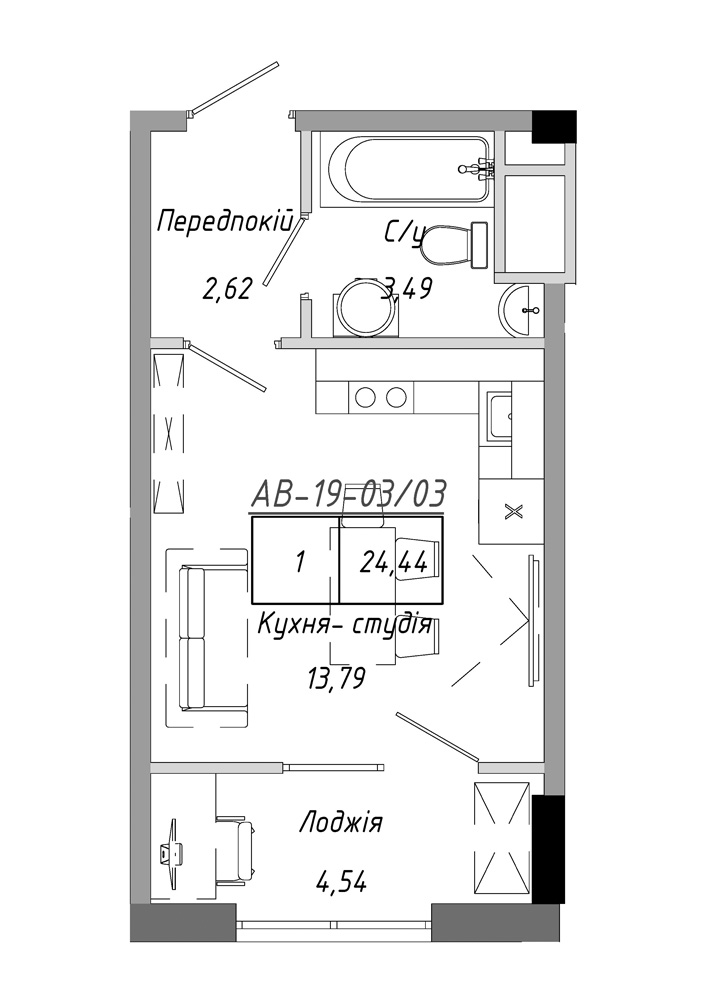 Планировка Smart-квартира площей 24.44м2, AB-19-03/00003.