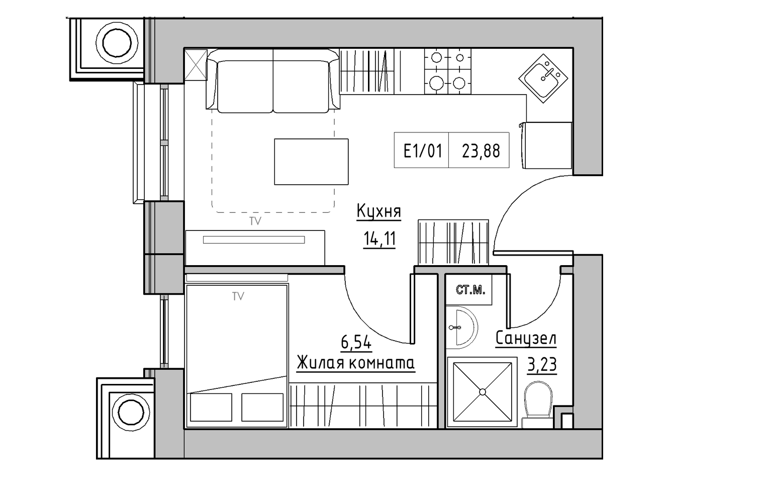 Планировка 1-к квартира площей 23.88м2, KS-009-04/0003.