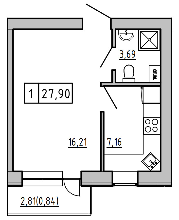 Планировка 1-к квартира площей 25.65м2, KS-008-05/0007.
