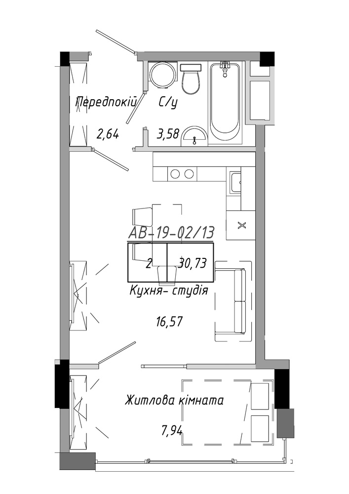 Планировка 1-к квартира площей 30.73м2, AB-19-02/00013.