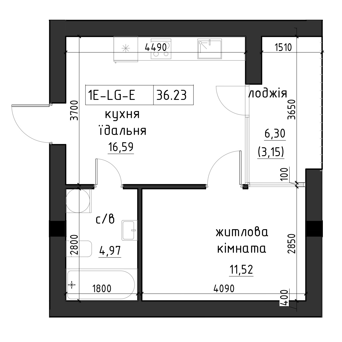 Planning 1-rm flats area 39.97m2, LR-002-02/0003.