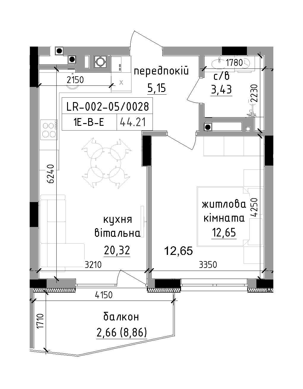 Планування 1-к квартира площею 44.21м2, LR-002-05/0028.