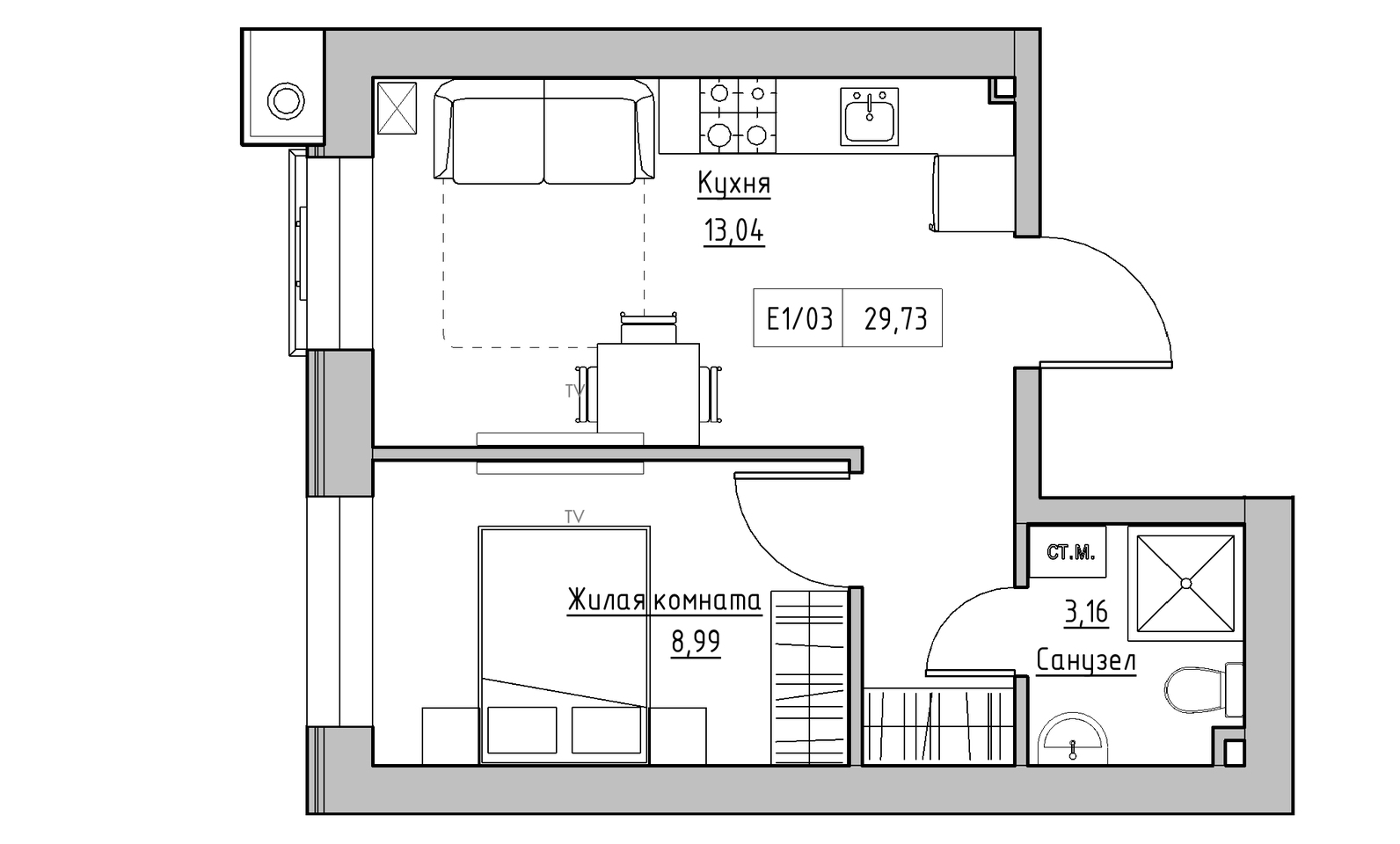 Планировка 1-к квартира площей 29.73м2, KS-014-01/0012.