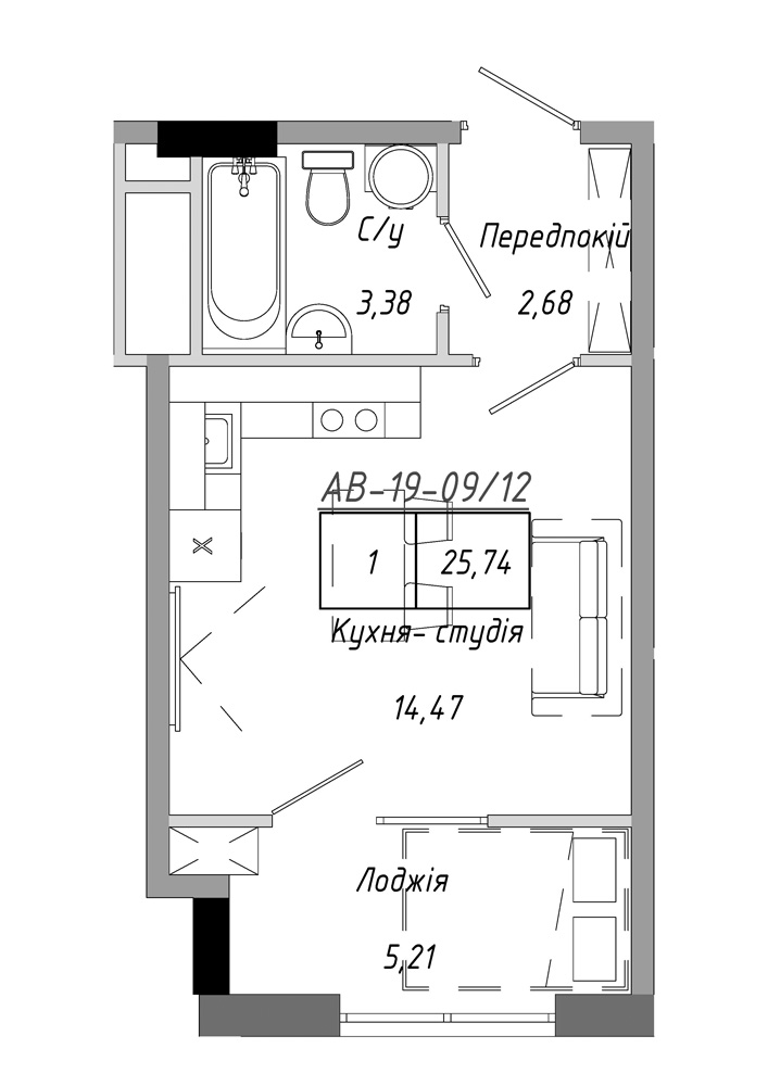 Планировка Smart-квартира площей 25.74м2, AB-19-09/00012.