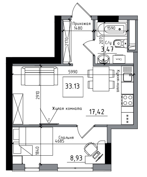 Планування 1-к квартира площею 33.13м2, AB-06-07/00014.