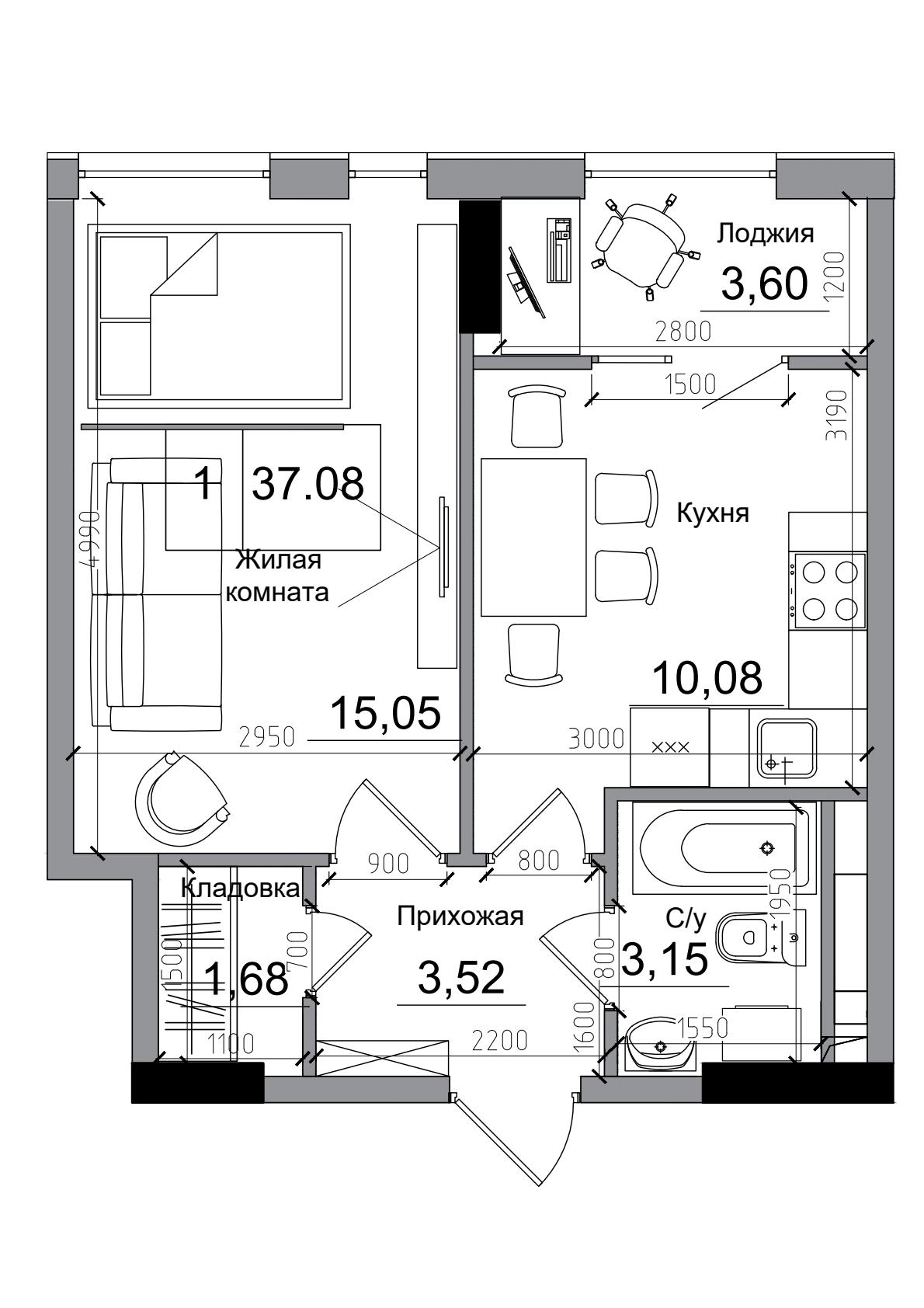 Планировка 1-к квартира площей 37.08м2, AB-04-11/0007б.