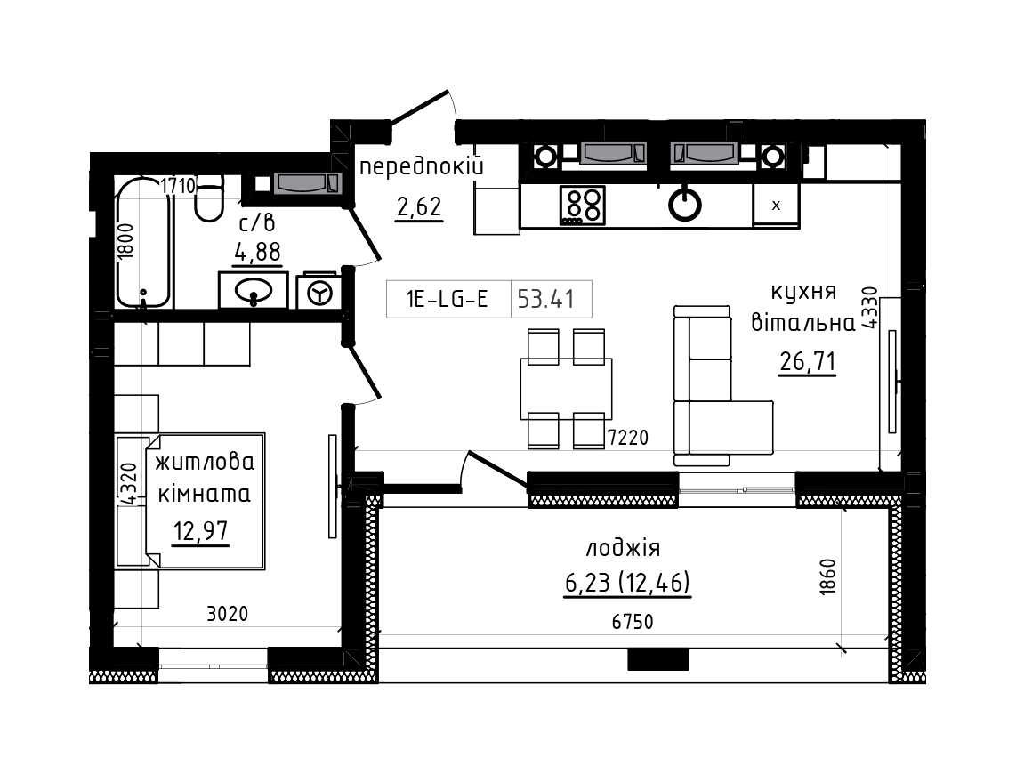 Планировка 1-к квартира площей 53.41м2, LR-002-08/0002.