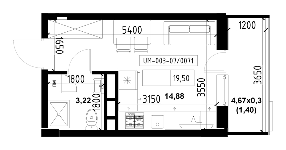 Планировка Smart-квартира площей 19.5м2, UM-003-07/0071.