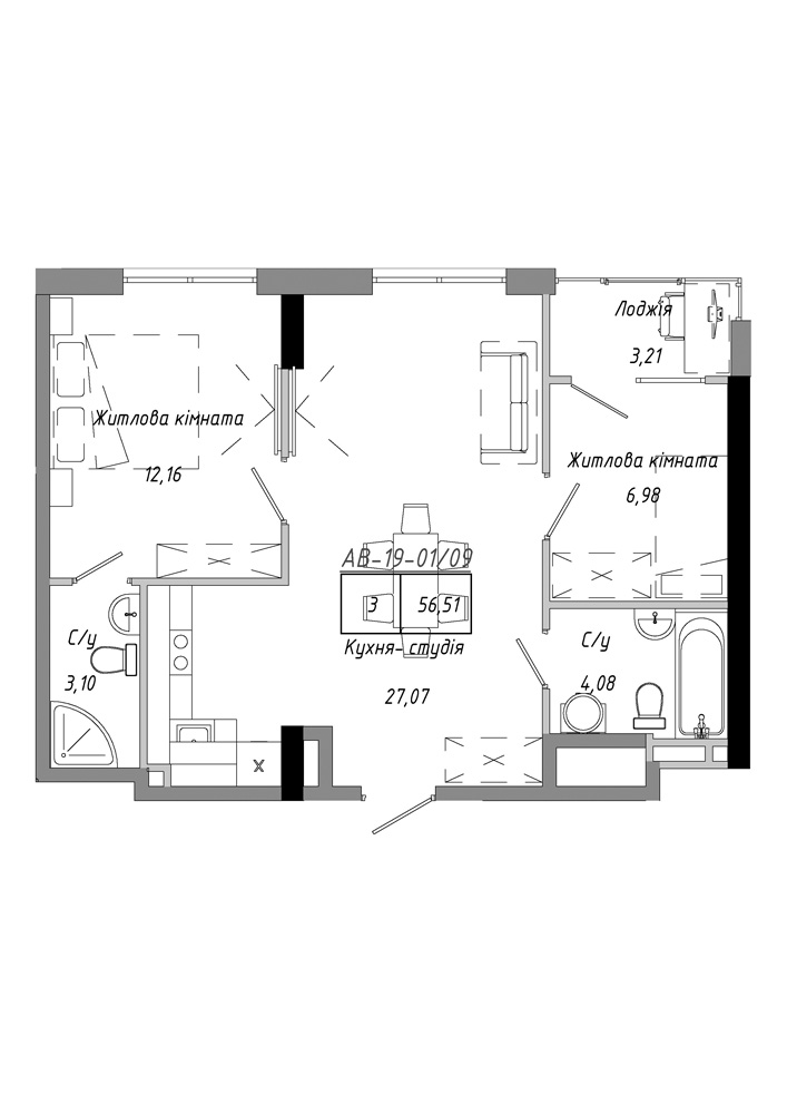 Планування 2-к квартира площею 56.51м2, AB-19-01/00009.