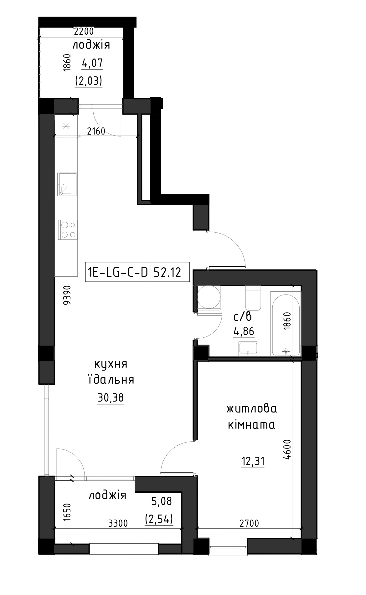 Планировка 2-к квартира площей 52.13м2, LR-002-04/0001.