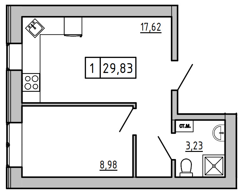 Планировка 1-к квартира площей 29.78м2, KS-006-04/0012.