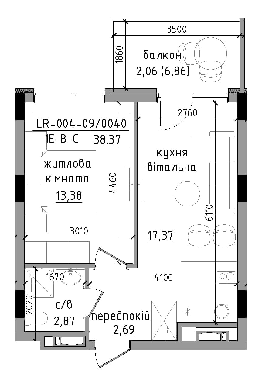 Планировка 1-к квартира площей 38.37м2, LR-004-09/0040.