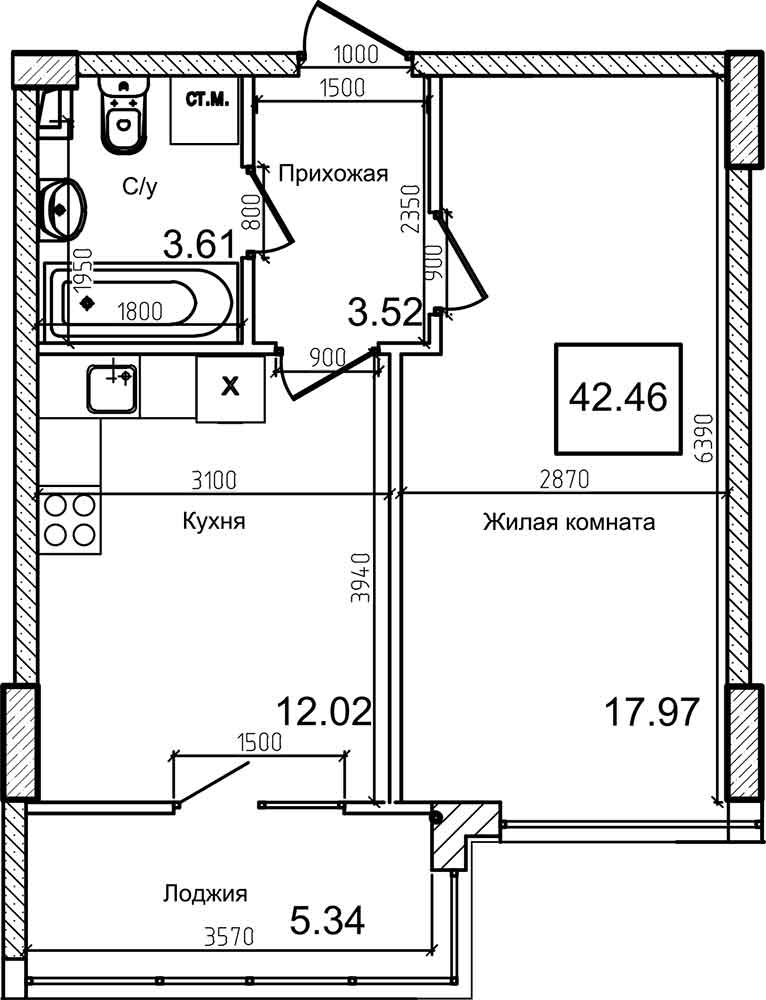 Планировка 1-к квартира площей 42.3м2, AB-08-08/00013.
