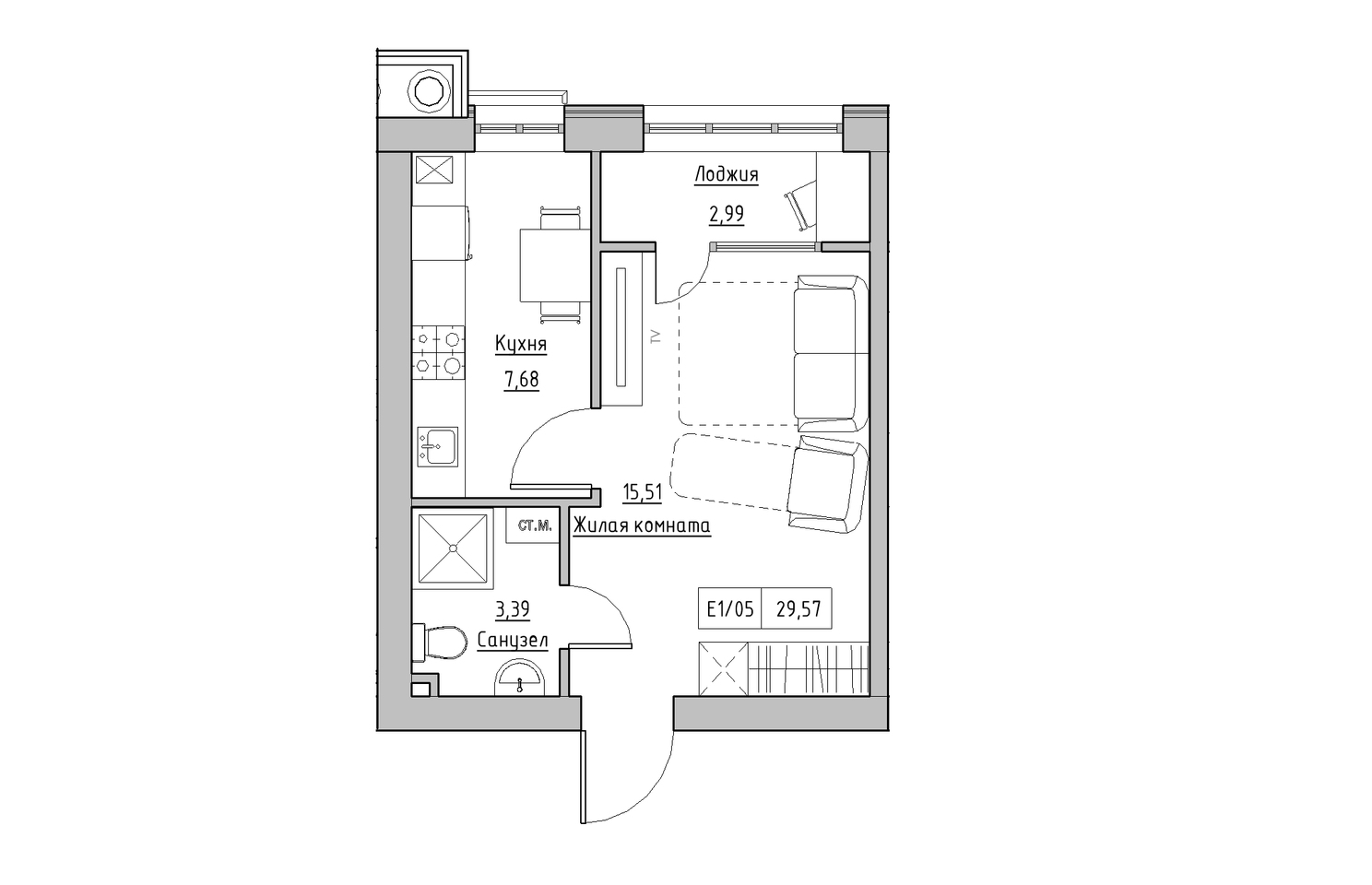 Планировка 1-к квартира площей 29.57м2, KS-010-01/0006.
