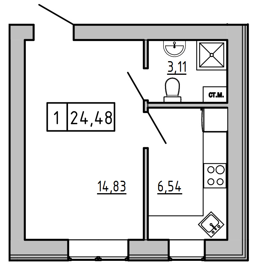 Планування 1-к квартира площею 25.18м2, KS-01D-03/0012.
