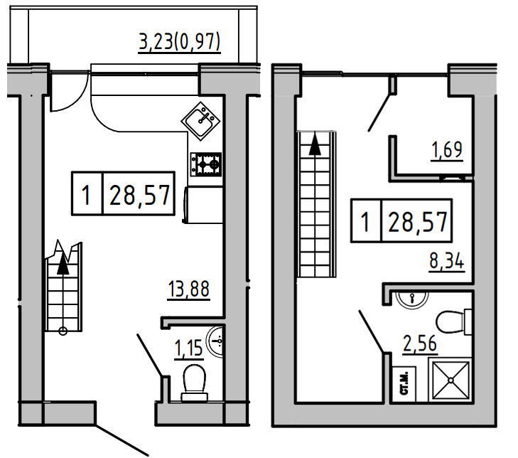 Planning 2-lvl flats area 28.63m2, KS-01B-05/0003.