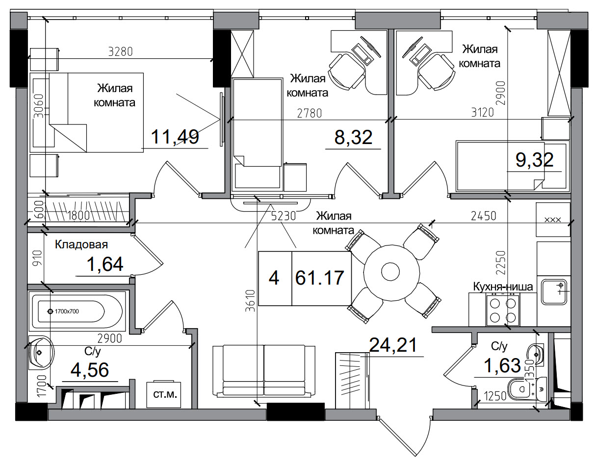 Планировка 3-к квартира площей 61.17м2, AB-15-05/00007.