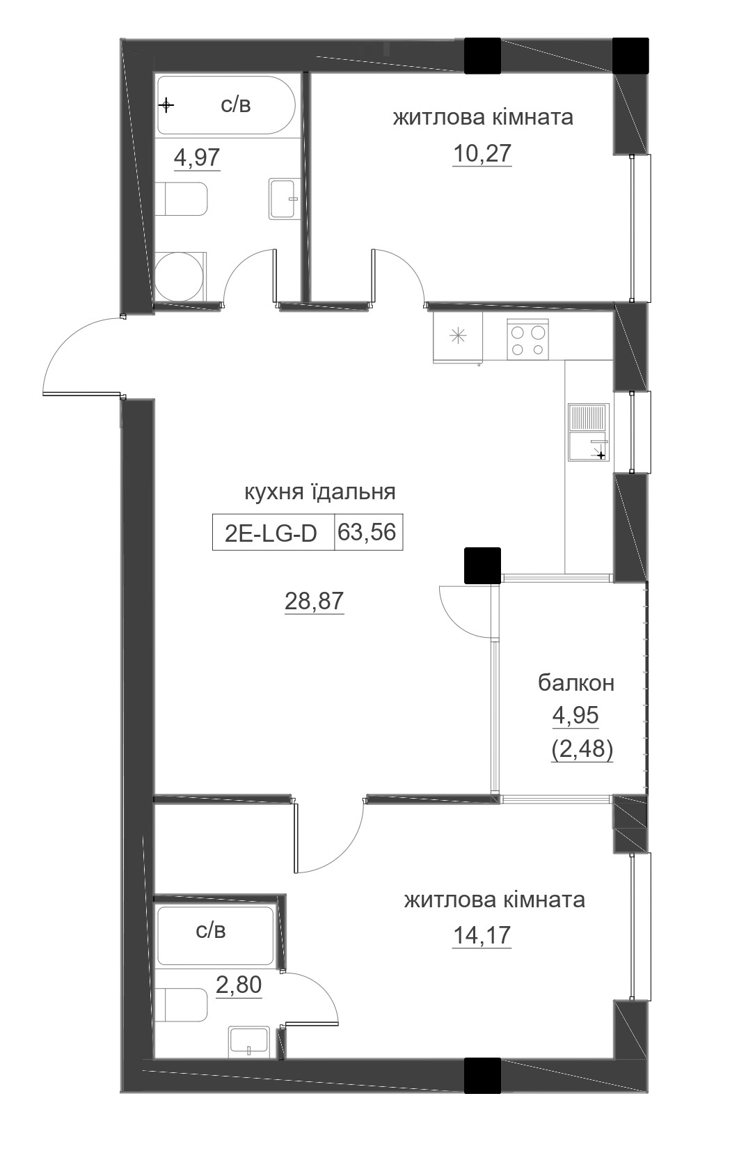 Планування 2-к квартира площею 63.56м2, LR-005-03/0005.