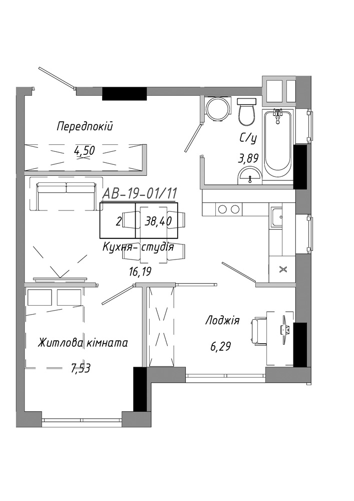 Планировка 1-к квартира площей 38.4м2, AB-19-01/00011.