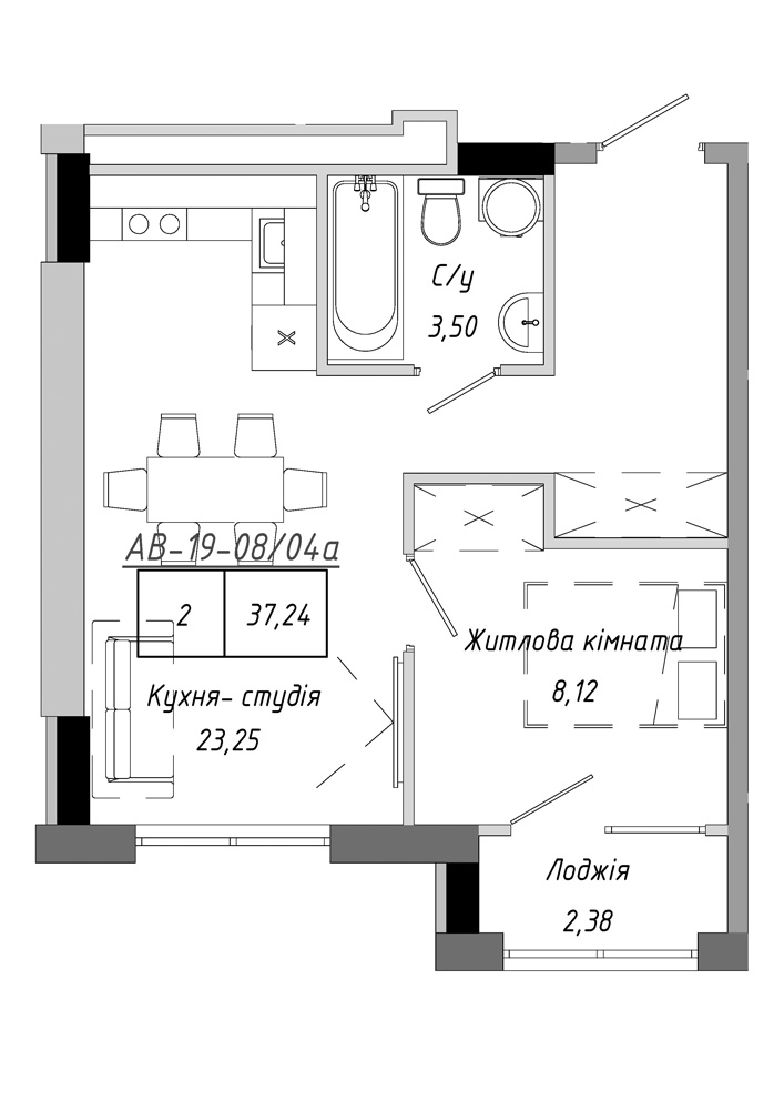Планування 1-к квартира площею 37.24м2, AB-19-08/0004а.