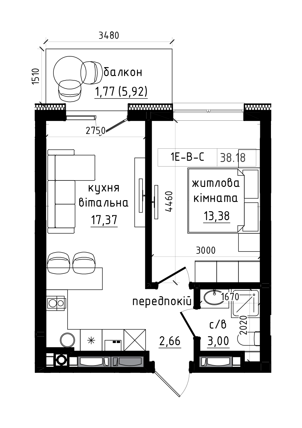 Планировка 1-к квартира площей 38.18м2, LR-004-02/0002.