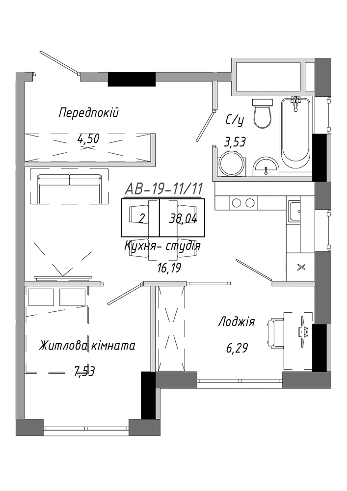 Планування 1-к квартира площею 38.04м2, AB-19-11/00011.