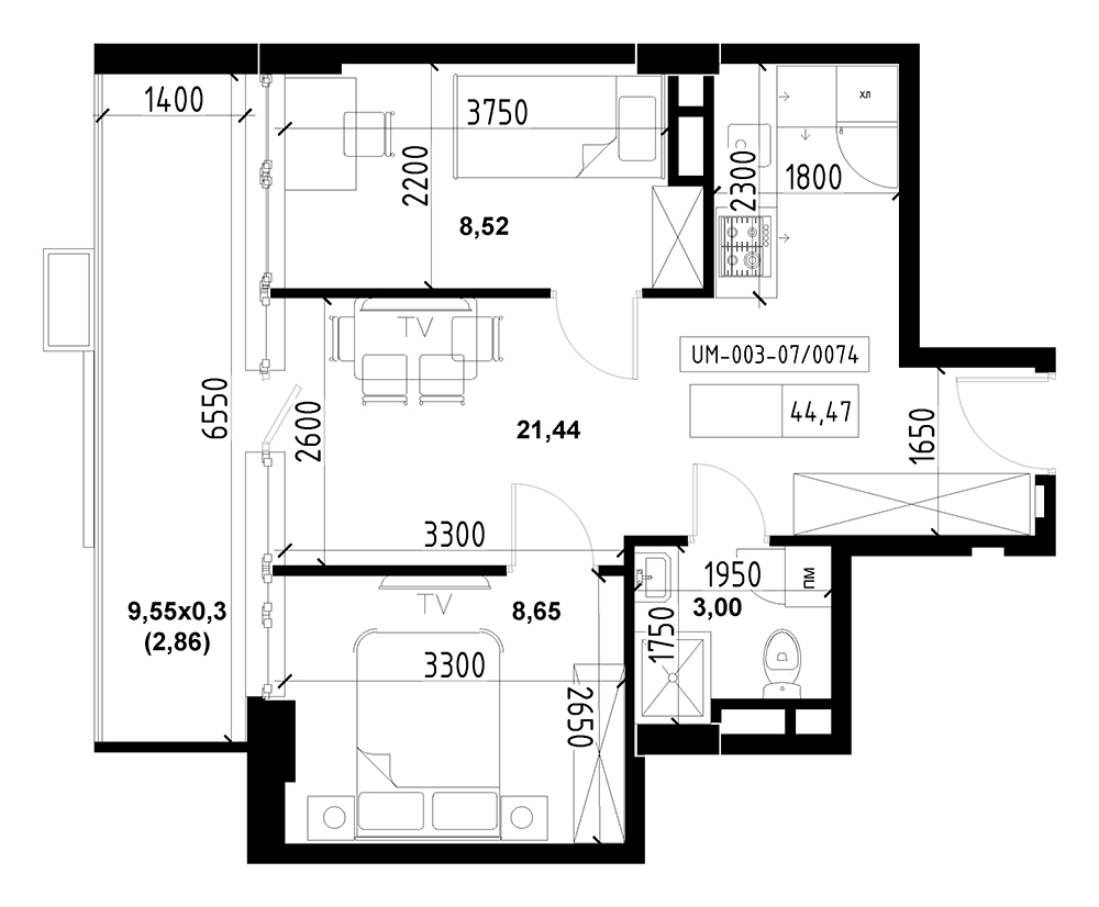 Планировка 2-к квартира площей 44.5м2, UM-003-08/0086.