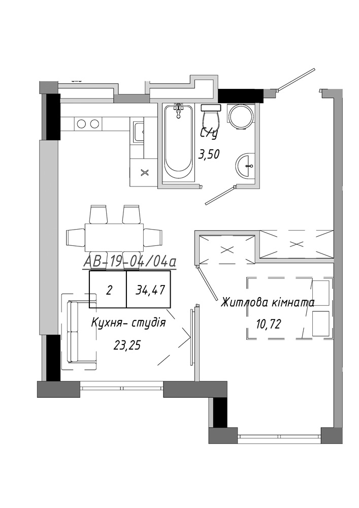 Planning 1-rm flats area 34.47m2, AB-19-04/0004а.