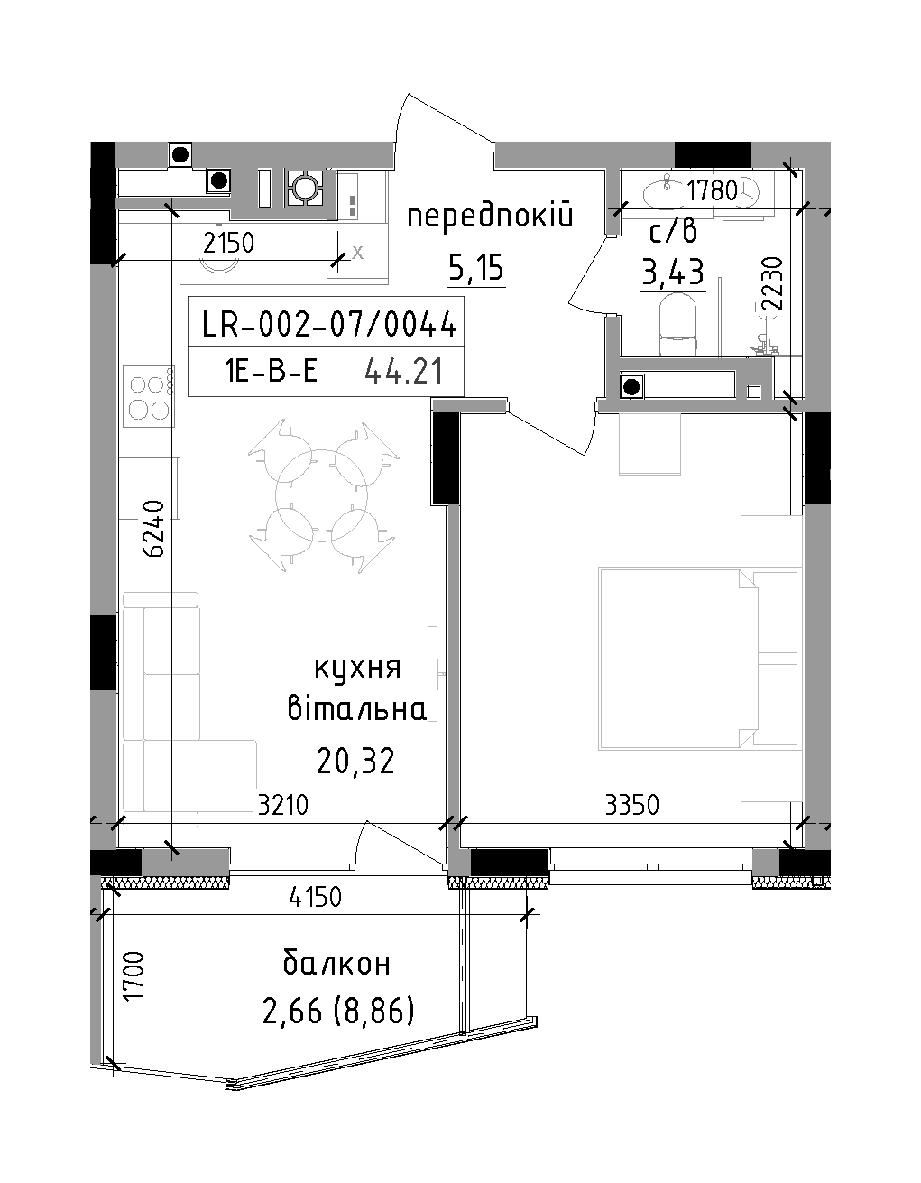 Планировка 1-к квартира площей 44.21м2, LR-002-07/0044.
