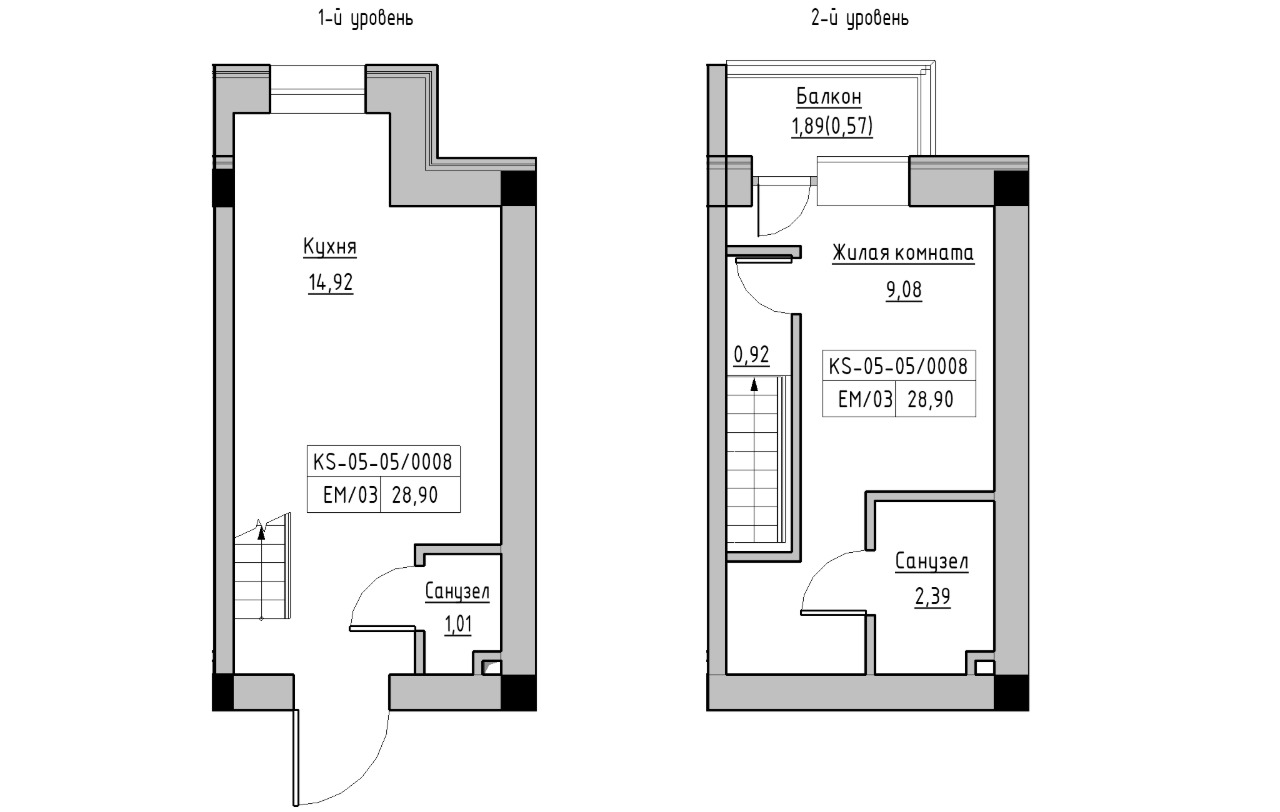 Planning 2-lvl flats area 28.9m2, KS-005-05/0008.