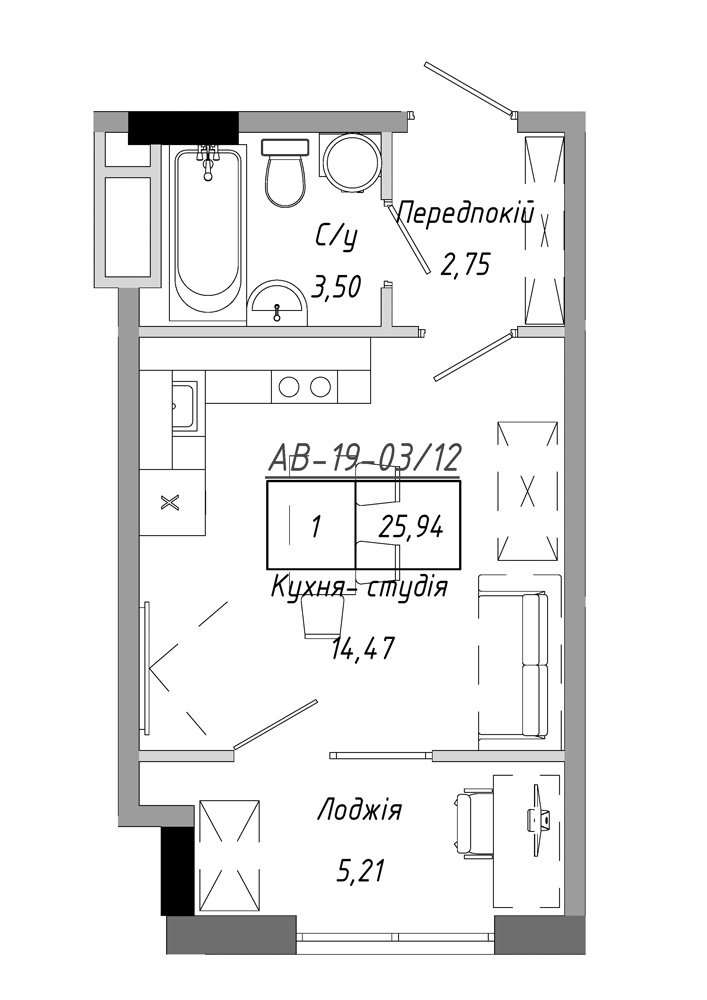 Планування Smart-квартира площею 25.94м2, AB-19-03/00012.
