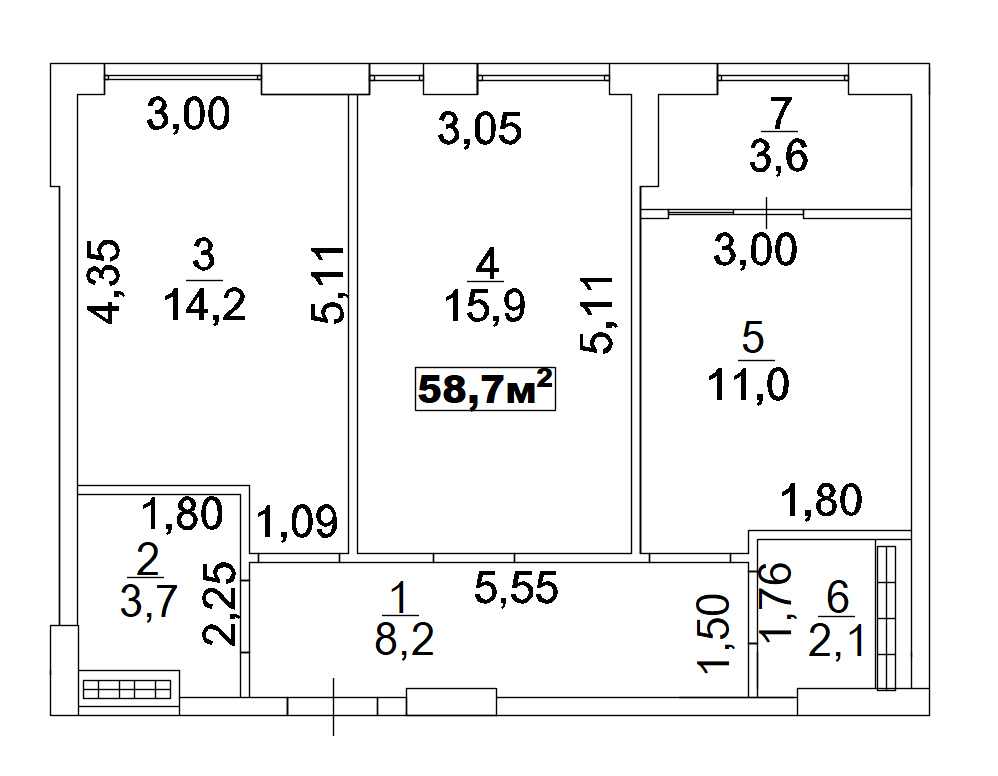 Планировка 2-к квартира площей 58.7м2, AB-02-09/00006.
