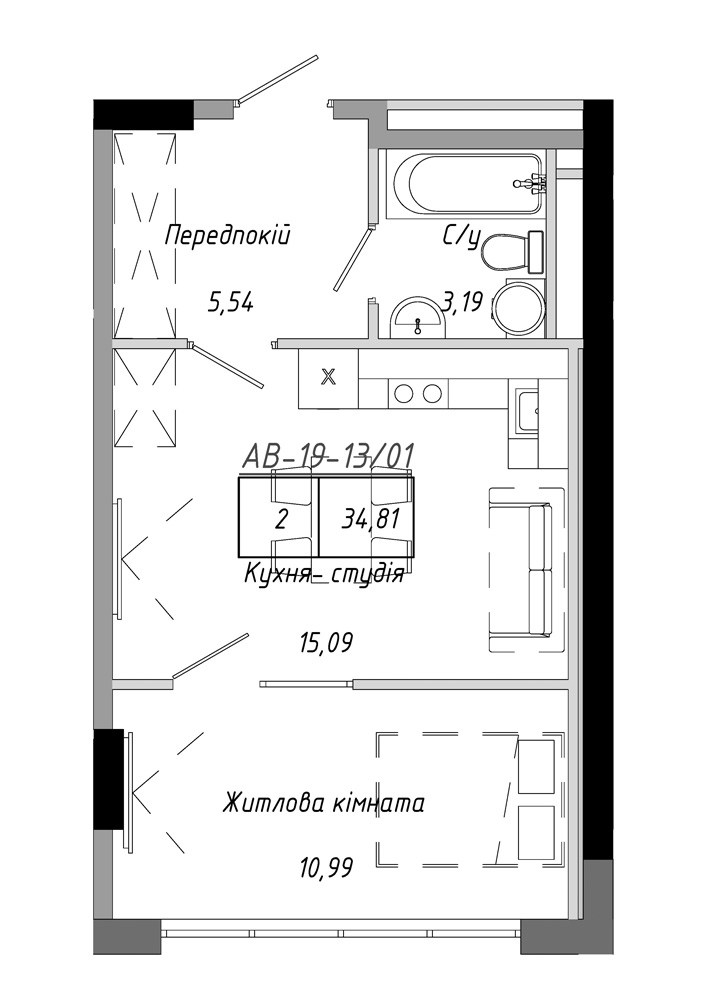 Планування 1-к квартира площею 34.81м2, AB-19-13/00101.