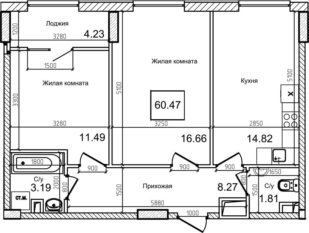 Planning 2-rm flats area 60m2, AB-08-04/00007.