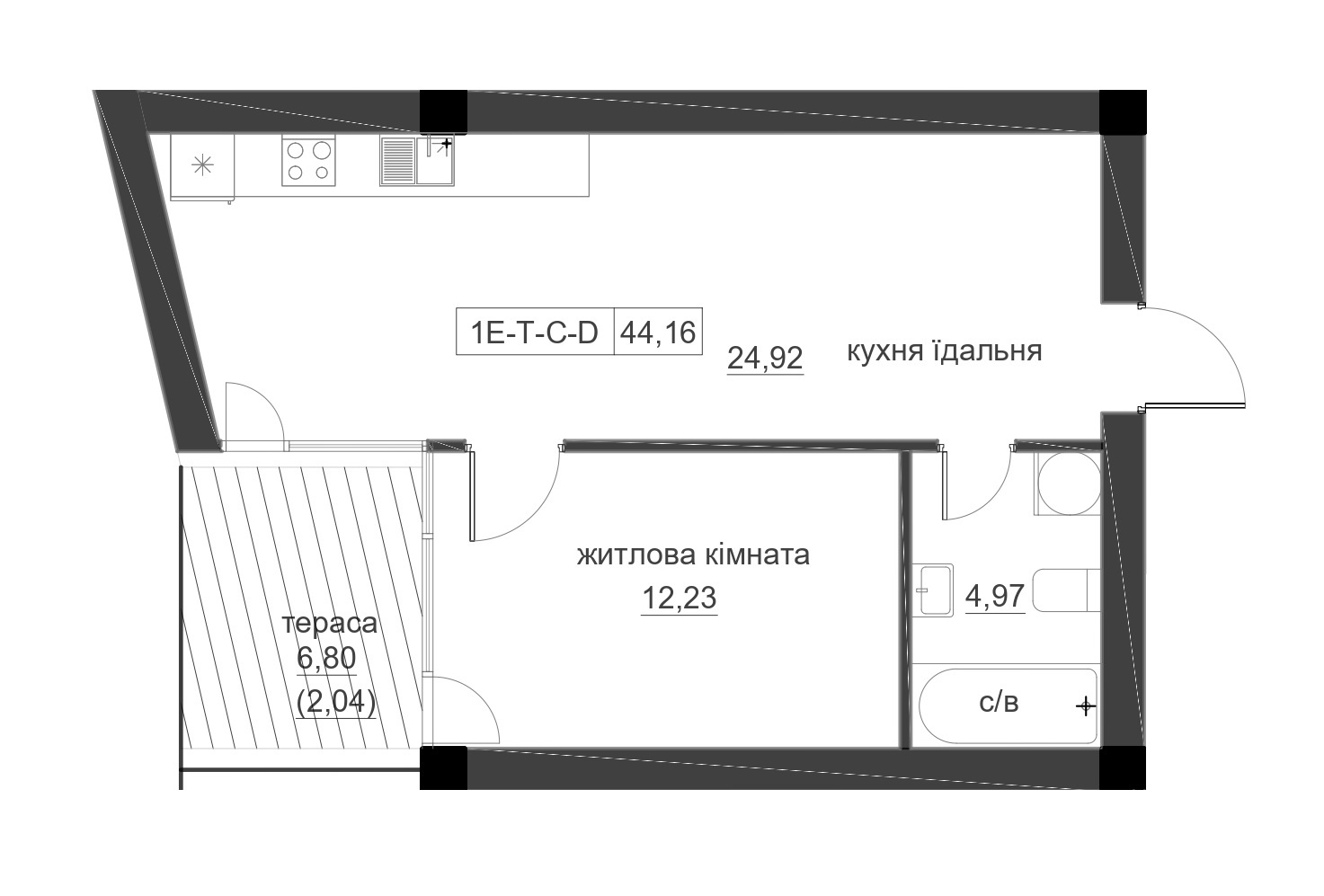 Планировка 1-к квартира площей 44.16м2, LR-005-01/0001.