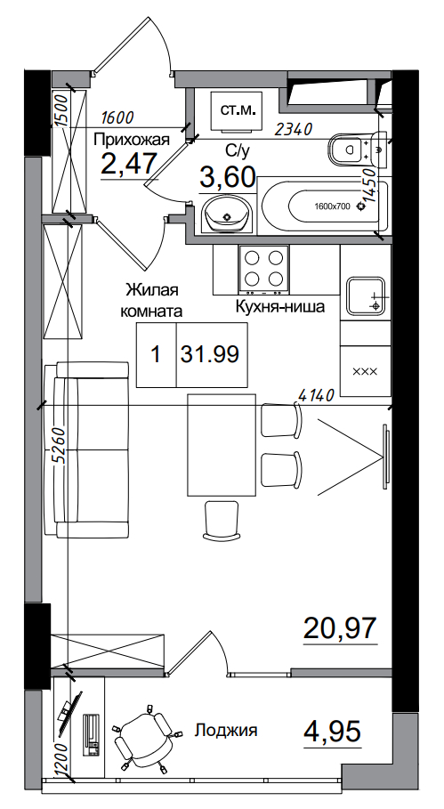 Планування Smart-квартира площею 31.99м2, AB-14-03/00001.