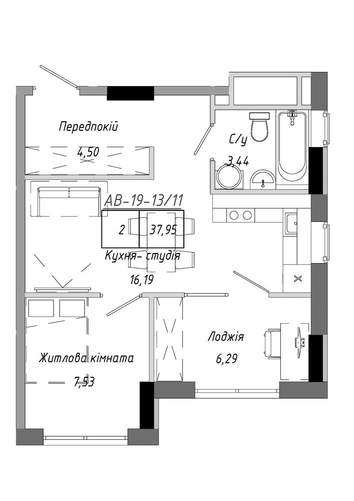Планировка 1-к квартира площей 38.04м2, AB-19-13/00111.