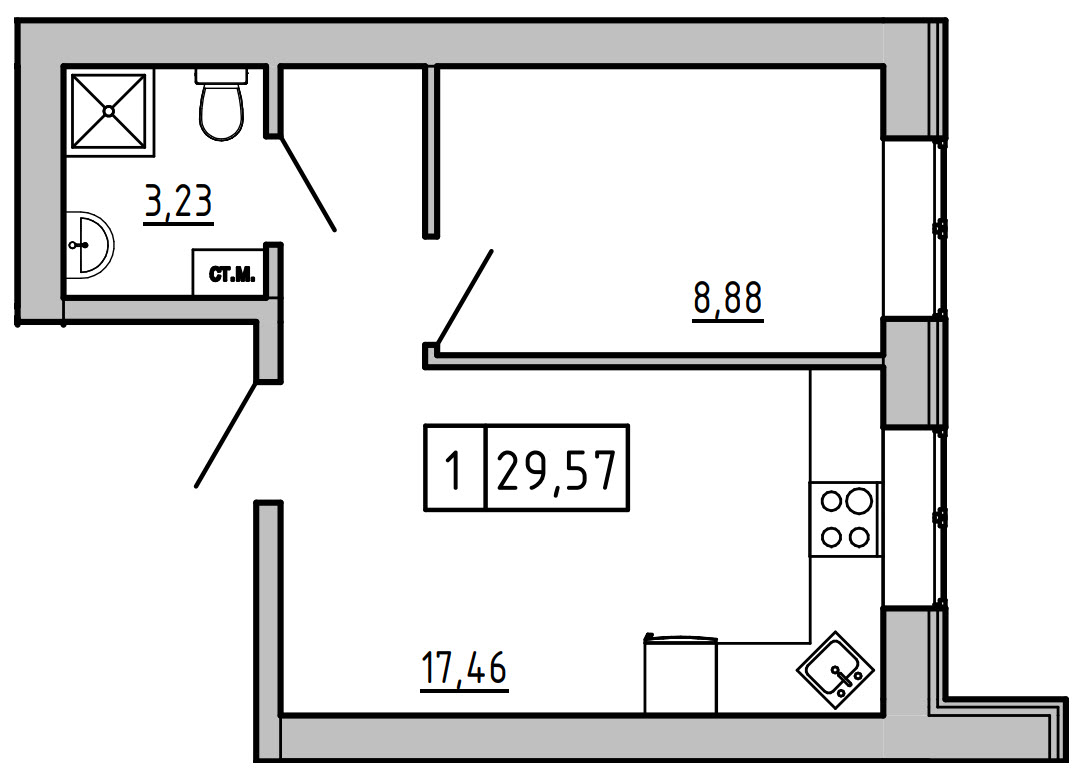 Планування 1-к квартира площею 29.57м2, KS-01D-01/0003.