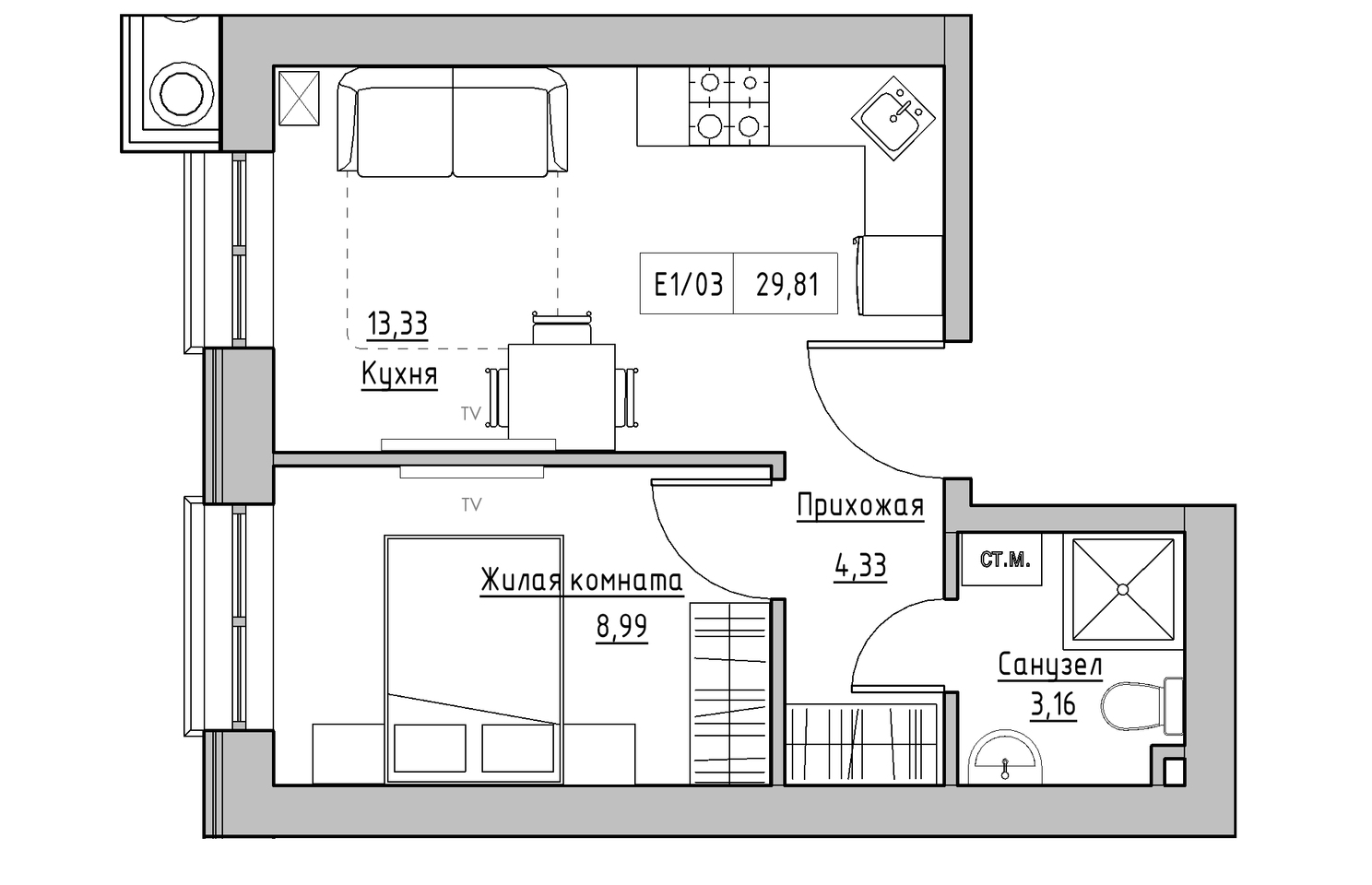 Planning 1-rm flats area 29.81m2, KS-010-01/0012.