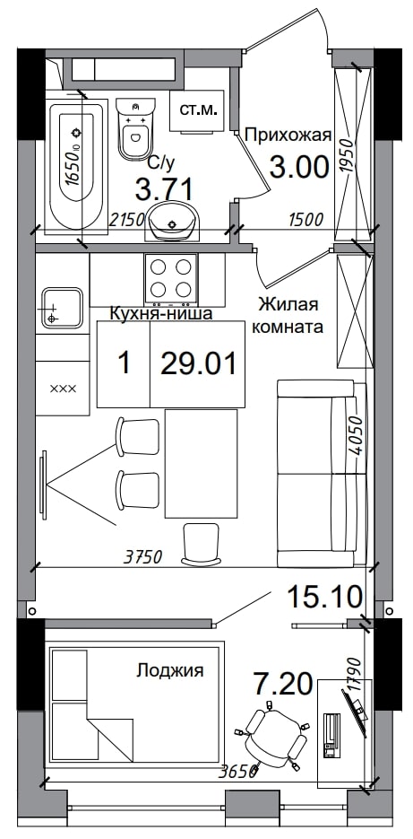 Планировка 1-к квартира площей 37.63м2, AB-04-12/00004.