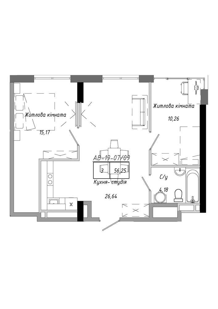 Планування 2-к квартира площею 56.25м2, AB-19-07/00009.