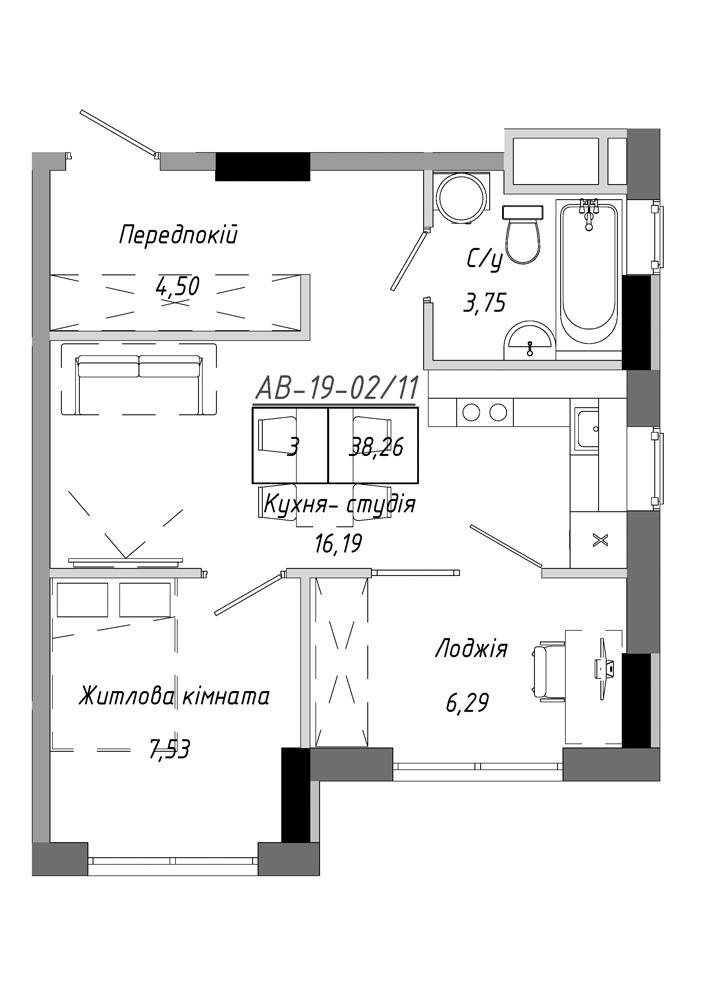 Планировка 1-к квартира площей 38.26м2, AB-19-02/00011.